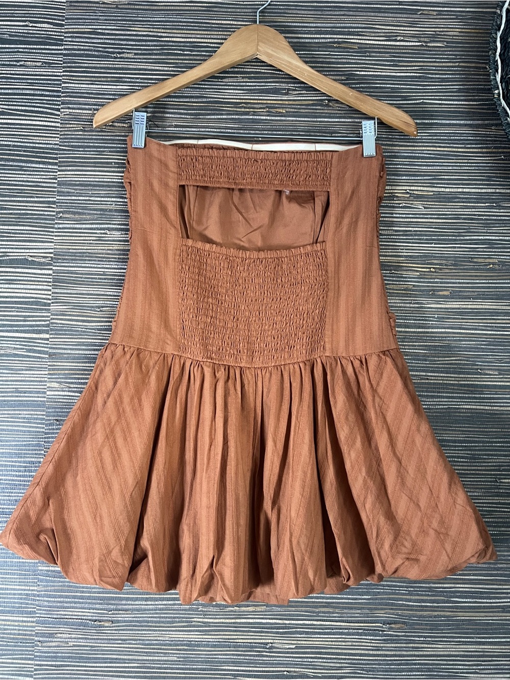 American Eagle Strapless Drop Waist Mini Bubble Dress Brown XS open back - Picture 8 of 17